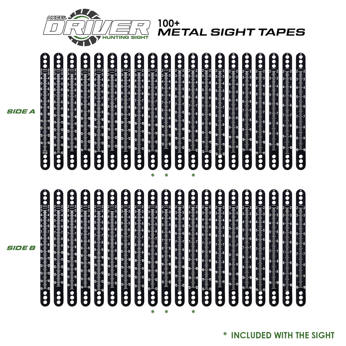 Axcel Driver 100+ Metal Sight Tapes chart, all 20 tapes showing Side A and Side B scales 1 through 40