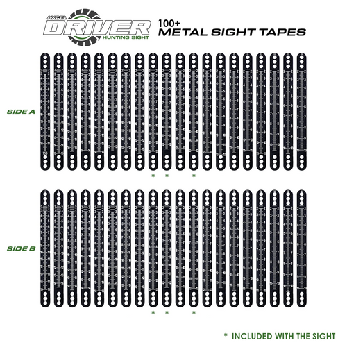 Axcel Driver 100+ Metal Sight Tapes chart, all 20 tapes showing Side A and Side B scales 1 through 40