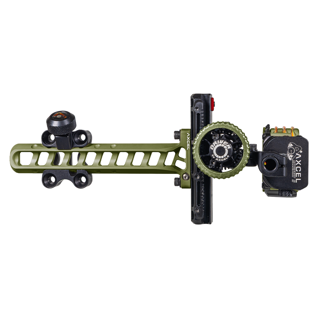Axcel Driver CK Standard Pro bow sight, Evergreen Cerakote, rear view showing drive wheel and AccuStat II scope