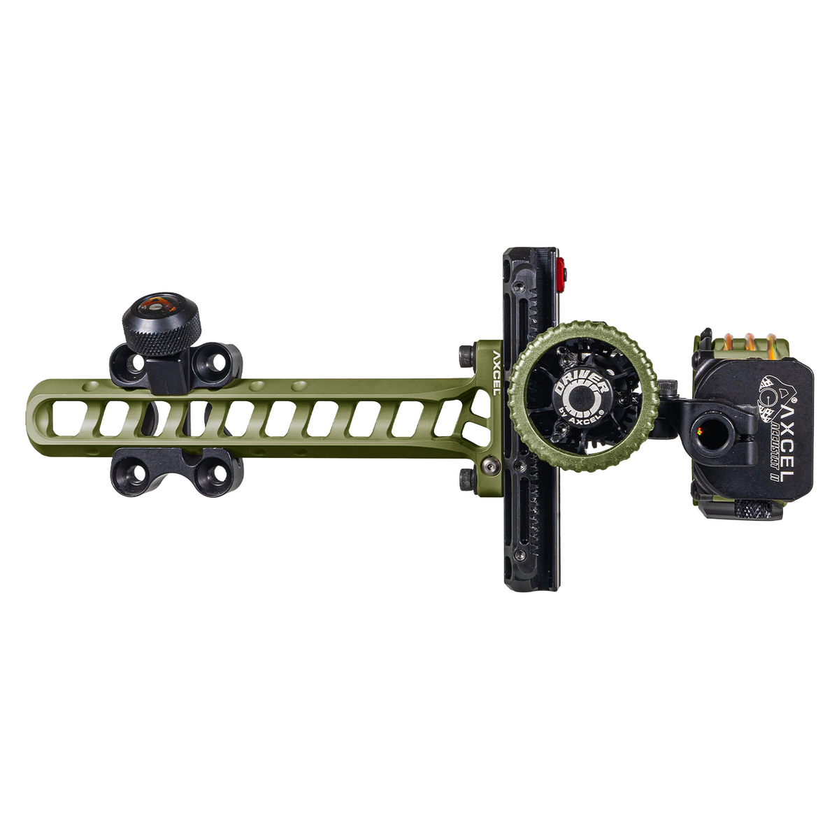 Axcel Driver CK Standard Pro bow sight, Evergreen Cerakote, rear view showing drive wheel and AccuStat II scope