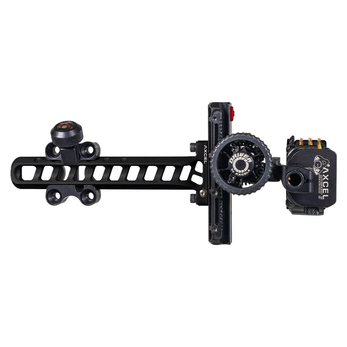 Axcel Driver CK Standard Pro bow sight, Midnight Cerakote, rear view showing drive wheel and AccuStat II scope