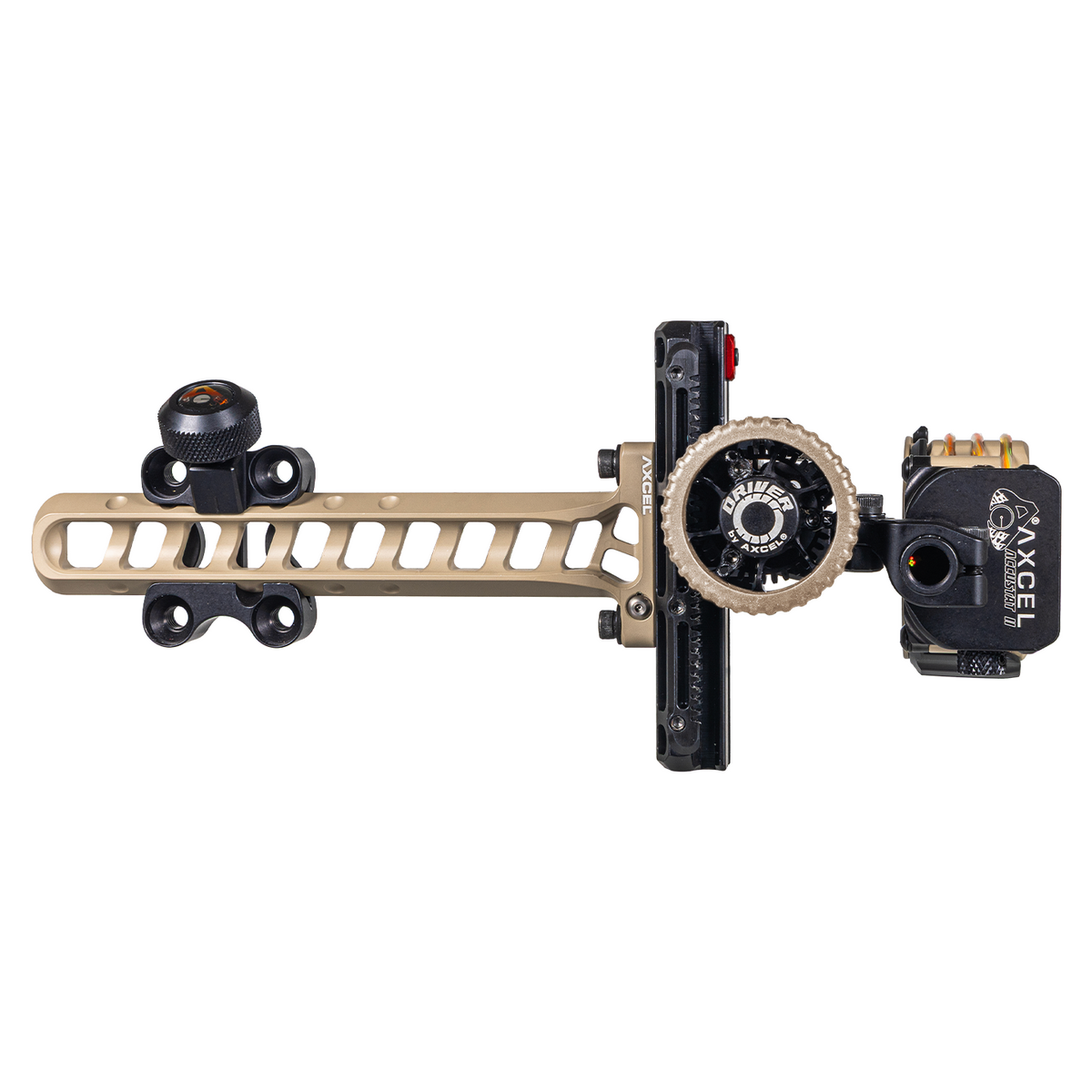 Axcel Driver CK Standard Pro bow sight, Terrain Cerakote, rear view showing drive wheel and AccuStat II scope