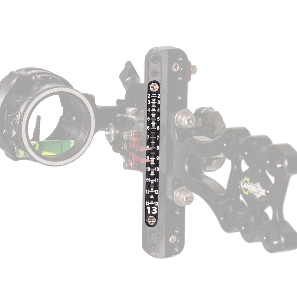 Axcel 100+ Metal Sight Tape mounted on a LANDSLYDE sight, laser-engraved sight scale 13