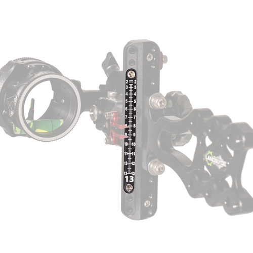 Axcel 100+ Metal Sight Tape mounted on a LANDSLYDE sight, laser-engraved sight scale 13