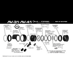 Axcel AV-31 and AV-41 Plus and Standard parts list showing the T-Connection and #10-32 stainless rod