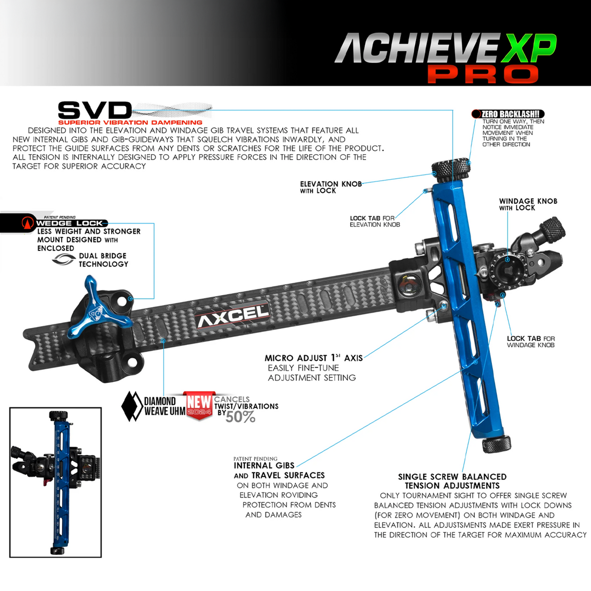Axcel Achieve XP PRO Recurve sight feature overview: SVD Superior Vibration Dampening, Wedge Lock mount with Dual Bridge technology, micro adjust 1st axis