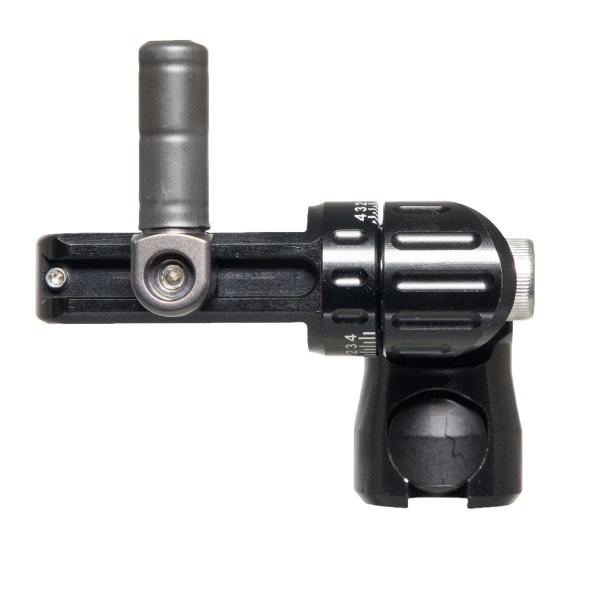 Axcel Antler Ridge TriLock Adjustable Offset Mount, black, showing riser clamp and laser engraved adjustment scales