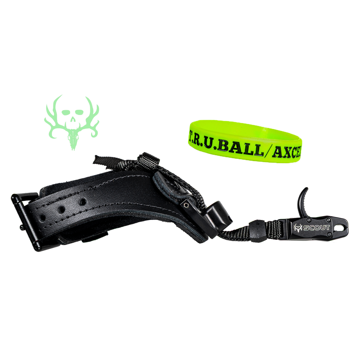 T.R.U. Ball Bone Collector Scout, black leather buckle strap laid flat showing sizing holes