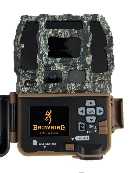 Browning Dark Ops Pro DCL Nano trail camera, open, showing the colour view screen and controls