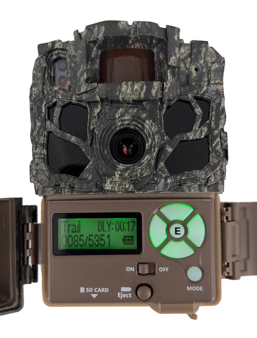 Browning Dark Ops FHDR40 trail camera, open, showing the control panel and view screen