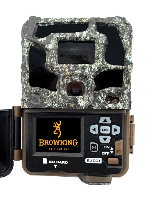 Browning Dark Ops Pro X 1080 trail camera, open, showing the 1.5-inch colour view screen and controls
