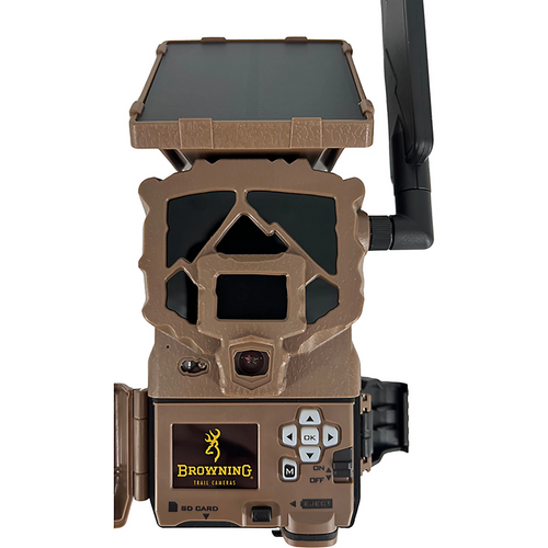 Browning Defender Pro Scout Max HD Solar trail camera, open, showing the control panel and colour LCD