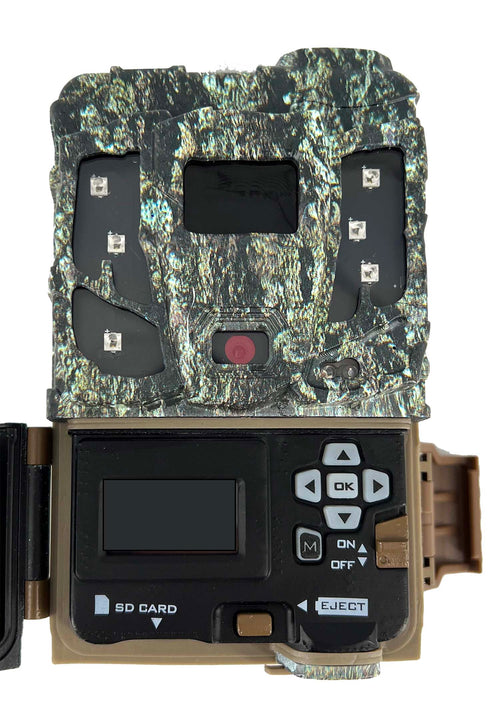 Browning Defender Pro Scout Max Extreme HD trail camera, open, showing the view screen and controls