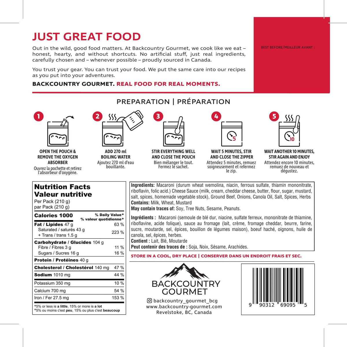 Beef Mac & Cheese (Beef) package label - preparation and nutrition facts
