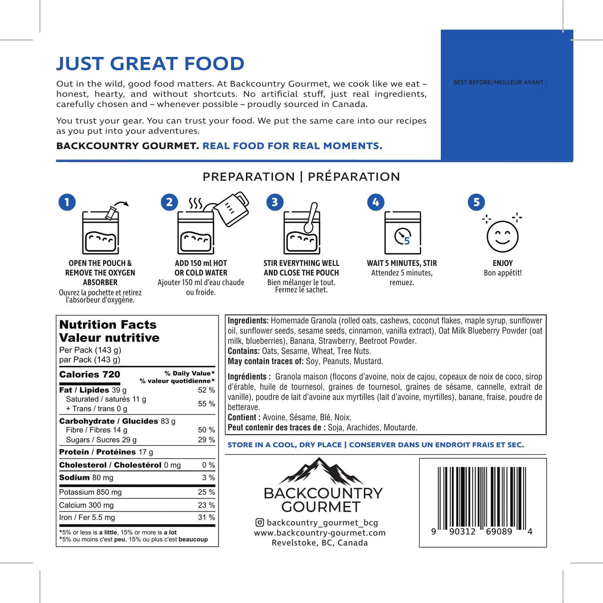 Cashew Granola - Fruit & Oatmilk (Vegan Breakfast) package label - preparation and nutrition facts
