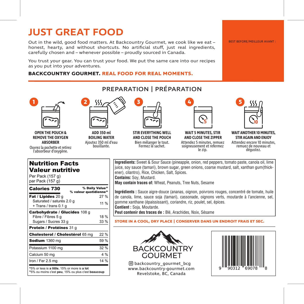 Chicken Sweet & Sour (Chicken) package label - preparation and nutrition facts