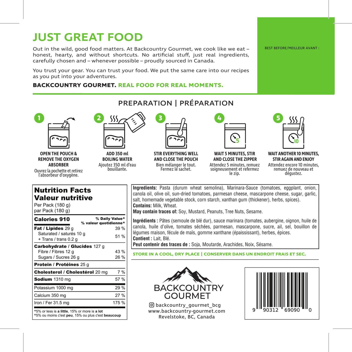 Eggplant Parmigiana (Vegetarian) package label - preparation and nutrition facts