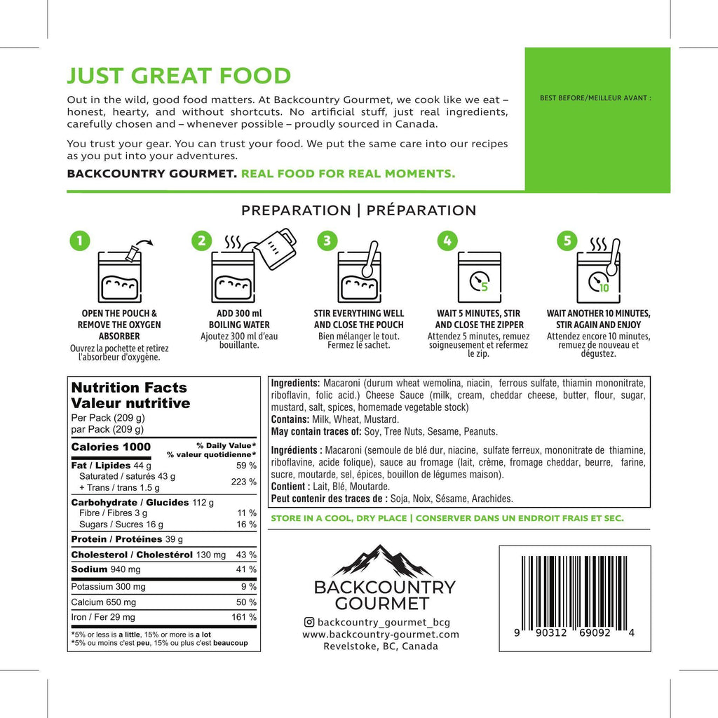 Mac & Cheese (Vegetarian) package label - preparation and nutrition facts