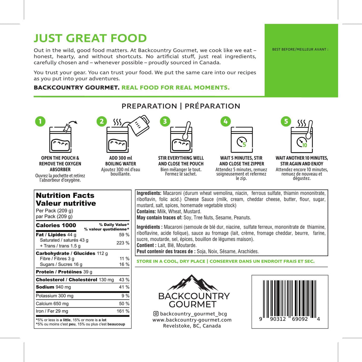 Mac & Cheese (Vegetarian) package label - preparation and nutrition facts
