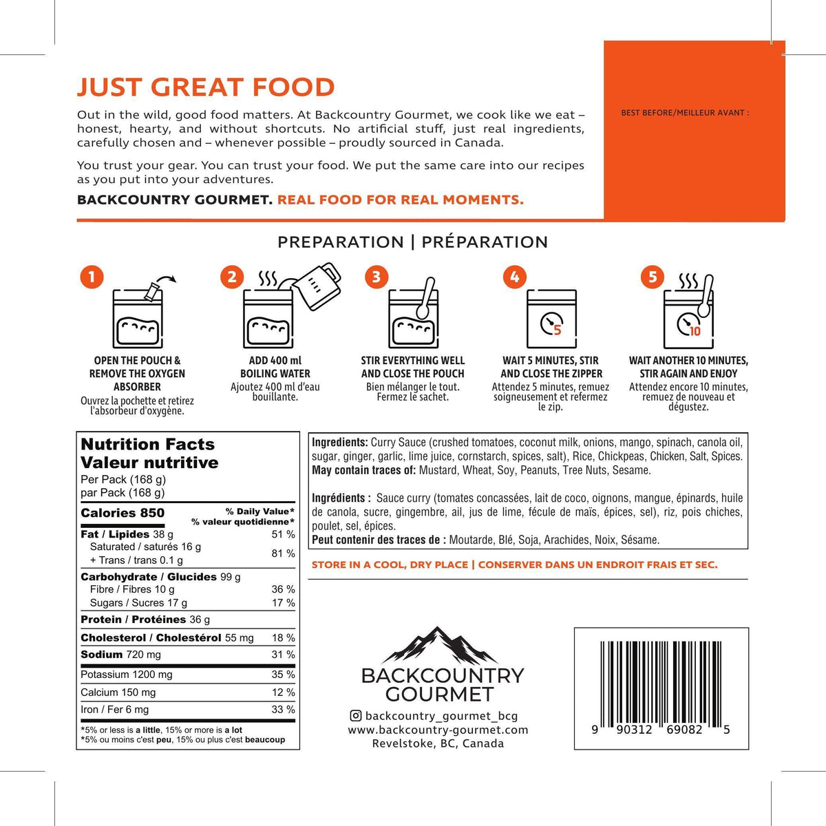 Mango Coconut Curry (Chicken) package label – preparation and nutrition facts