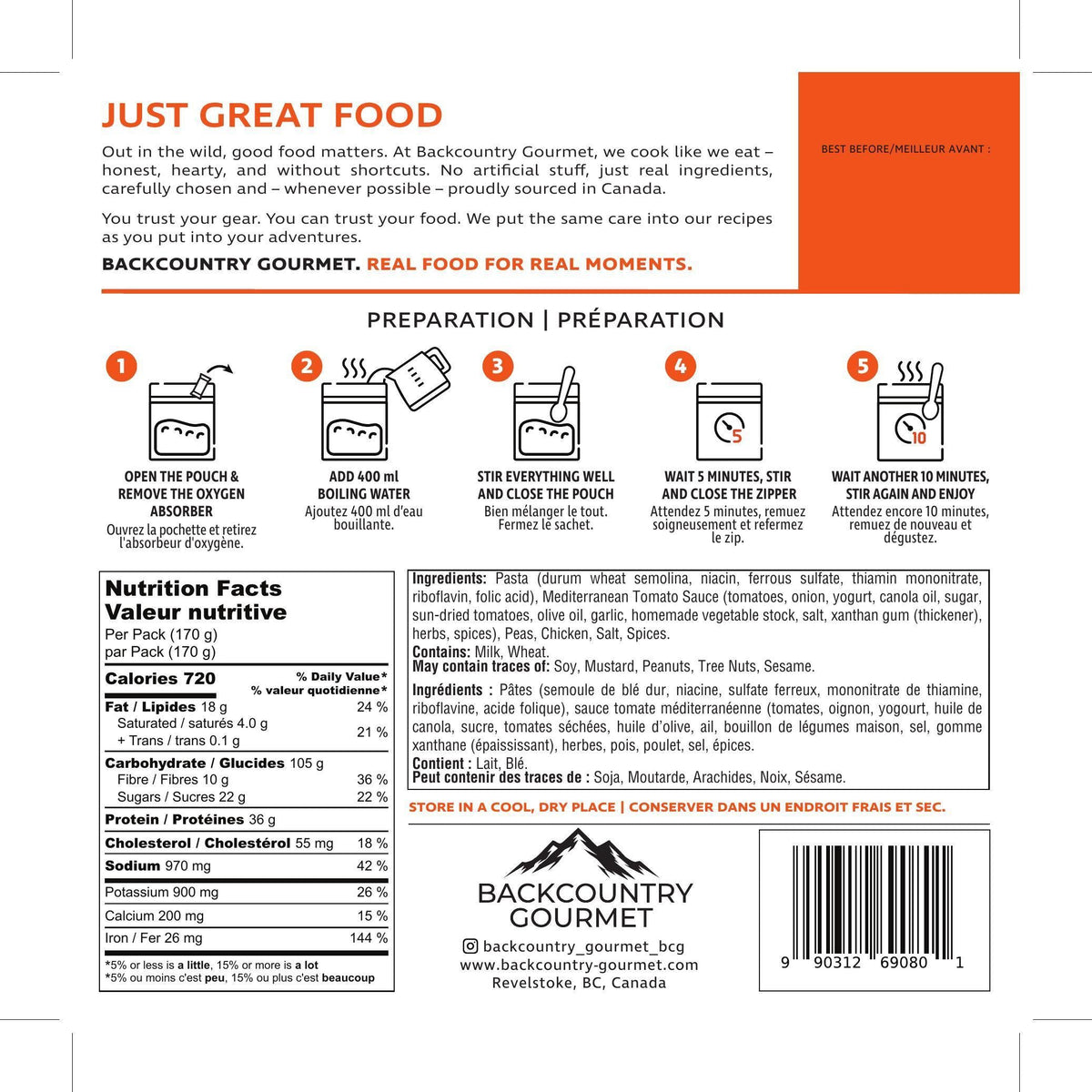 Mediterranean Pasta (Chicken) package label – preparation and nutrition facts
