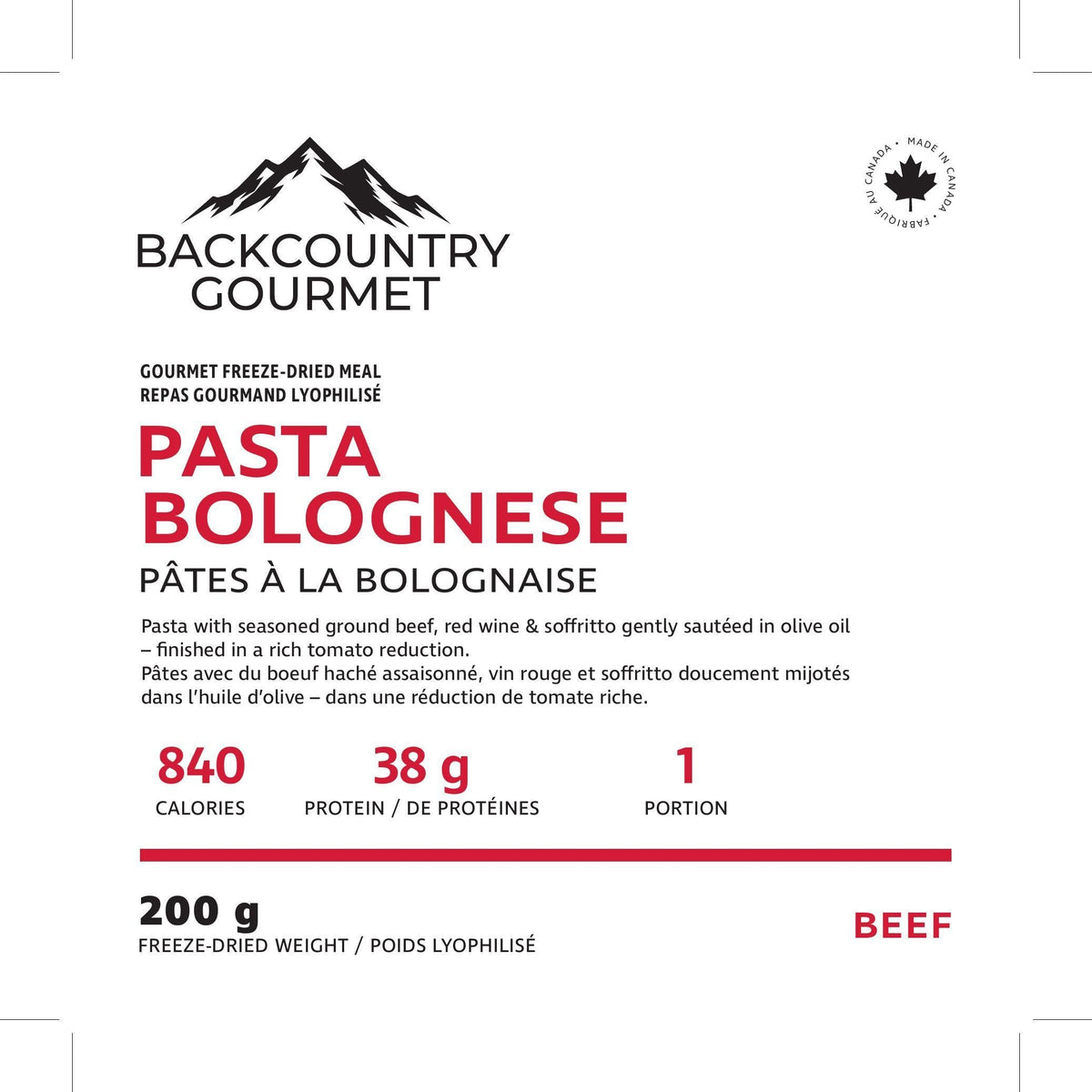 Pasta Bolognese (Beef) package label – nutrition and ingredients