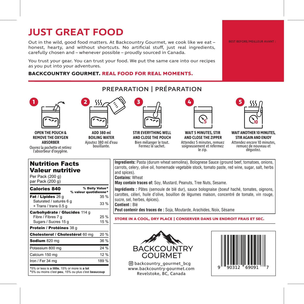 Pasta Bolognese (Beef) package label – preparation and nutrition facts