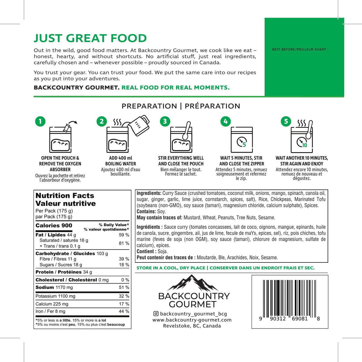 Tofu Mango Curry (Vegan) package label – preparation and nutrition facts