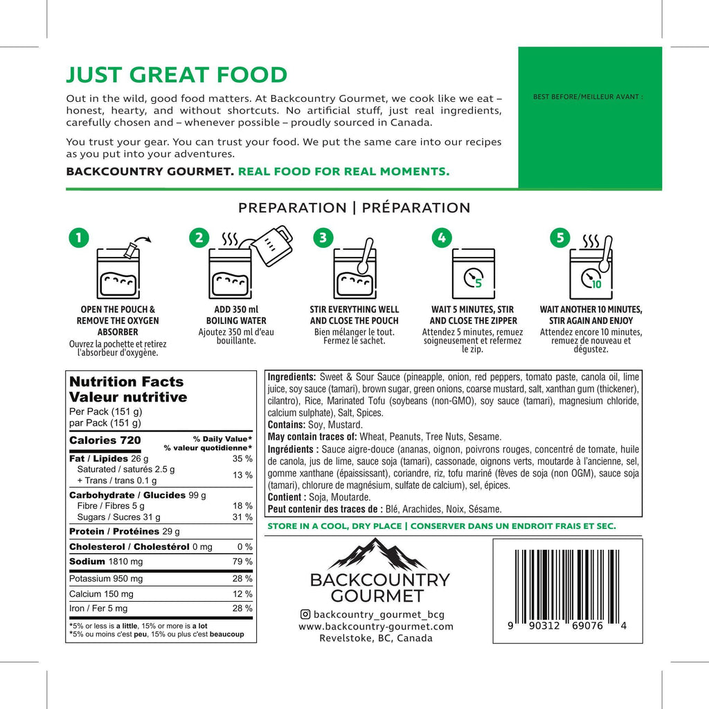 Tofu Sweet & Sour (Vegan) package label – preparation and nutrition facts