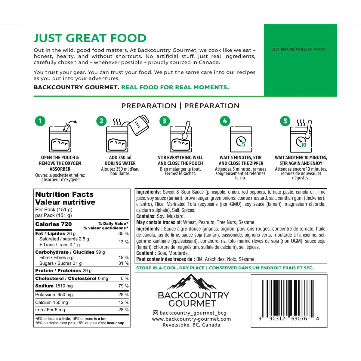 Tofu Sweet & Sour (Vegan) package label – preparation and nutrition facts