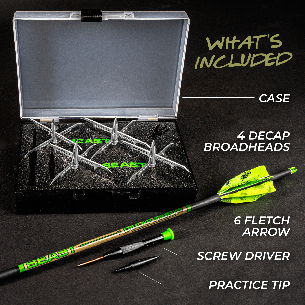 Beast Turkey Decapper System, what's included: case, four DECAP broadheads, six-fletch arrow, screwdriver, practice tip