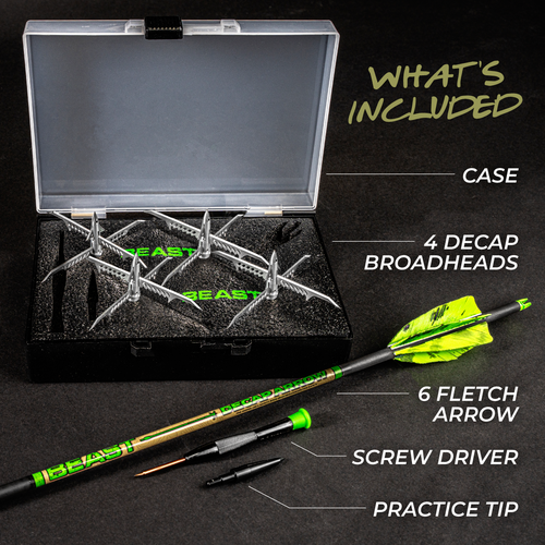 Beast Turkey Decapper System, what's included: case, four DECAP broadheads, six-fletch arrow, screwdriver, practice tip