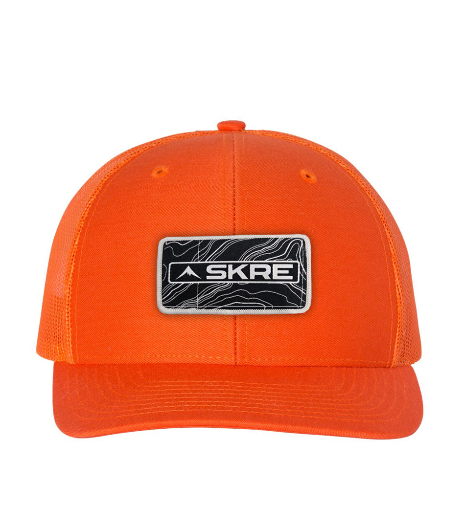 SKRE Trucker Black Topo Patch Hat, Blaze Orange