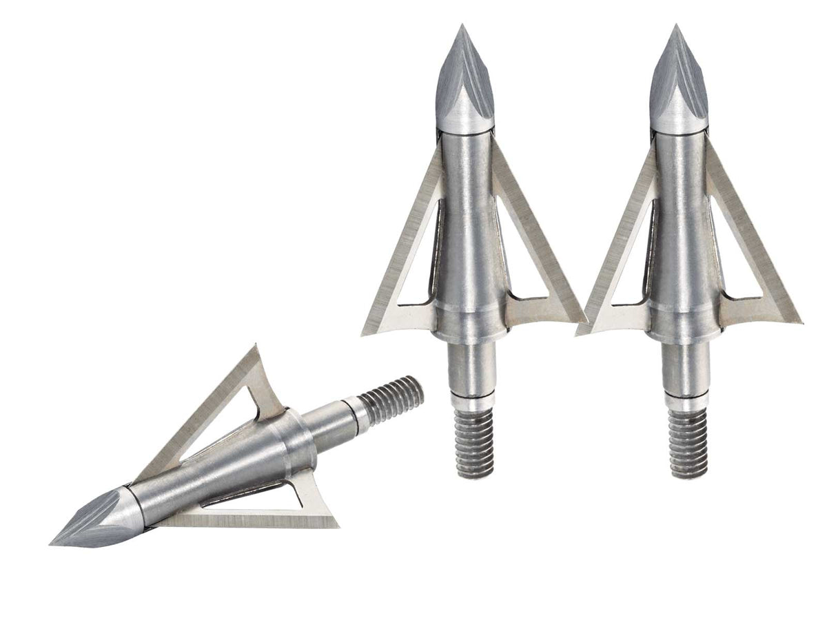 Three Excalibur Boltcutter B.A.T. 150 grain fixed-blade broadheads on a white background