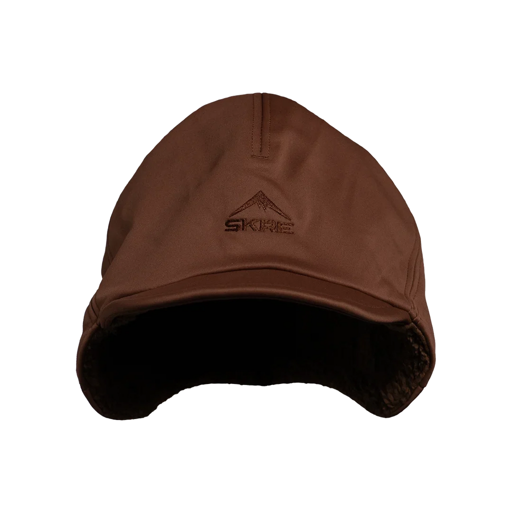SKRE Boreal Beanie, Layout Brown, front view showing fleece lining