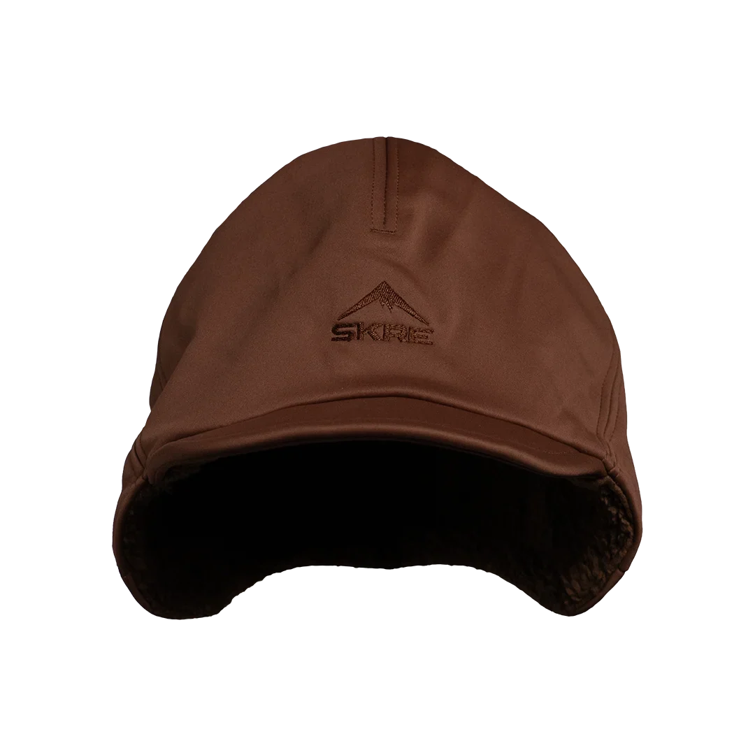 SKRE Boreal Beanie, Layout Brown, front view showing fleece lining