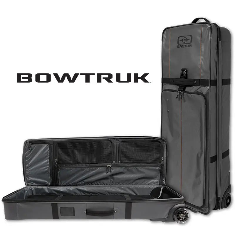 Easton Bow Truk Gen 2 travel roller bowcase, dark grey, standing and open