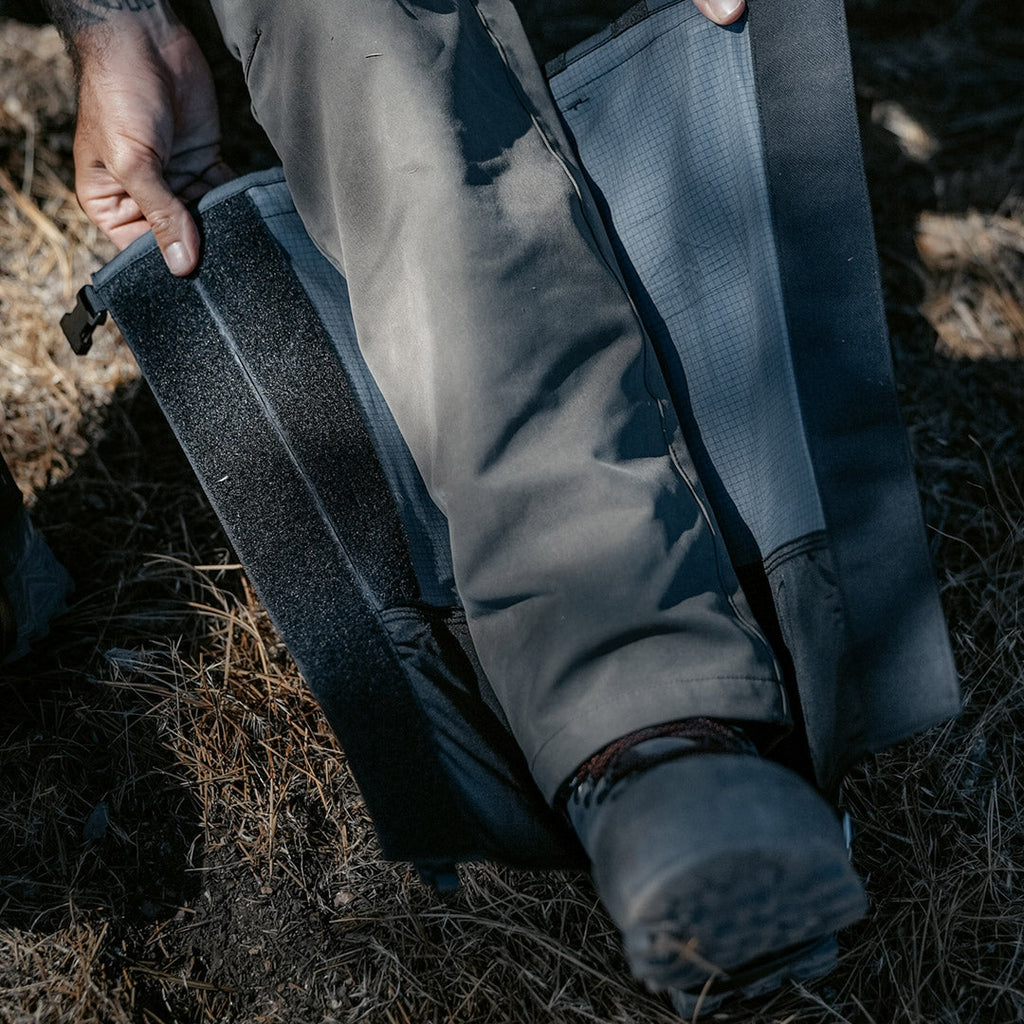 SKRE Hardscrabble Gaiter Pro, Slate Grey - opened over boot and pant leg