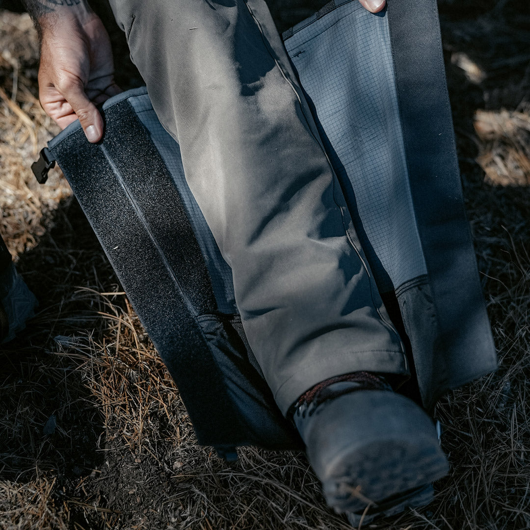 SKRE Hardscrabble Gaiter Pro, Slate Grey - opened over boot and pant leg
