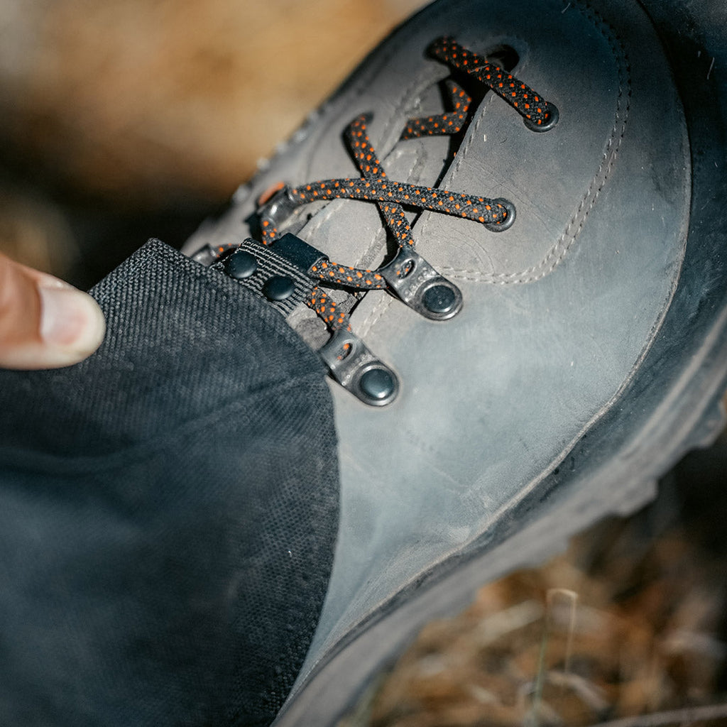 SKRE Hardscrabble Gaiter Pro, Slate Grey - lace hook and boot cuff detail