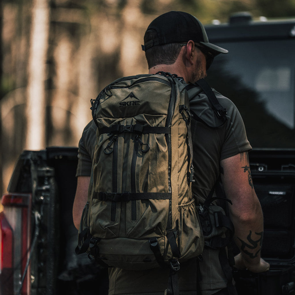 SKRE Timberline 2400 Pack worn at the trailhead