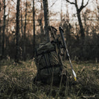 SKRE Timberline 2400 Pack with bow mounted, staged in the field