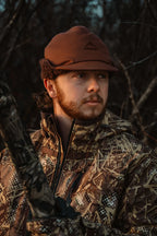 SKRE Boreal Beanie, Layout Brown, worn in the field