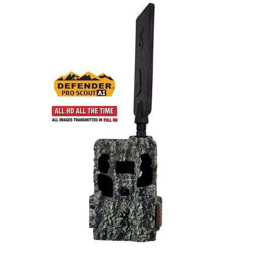 Browning Defender Pro Scout Max HD AI trail camera, front, on white, with the antenna extended