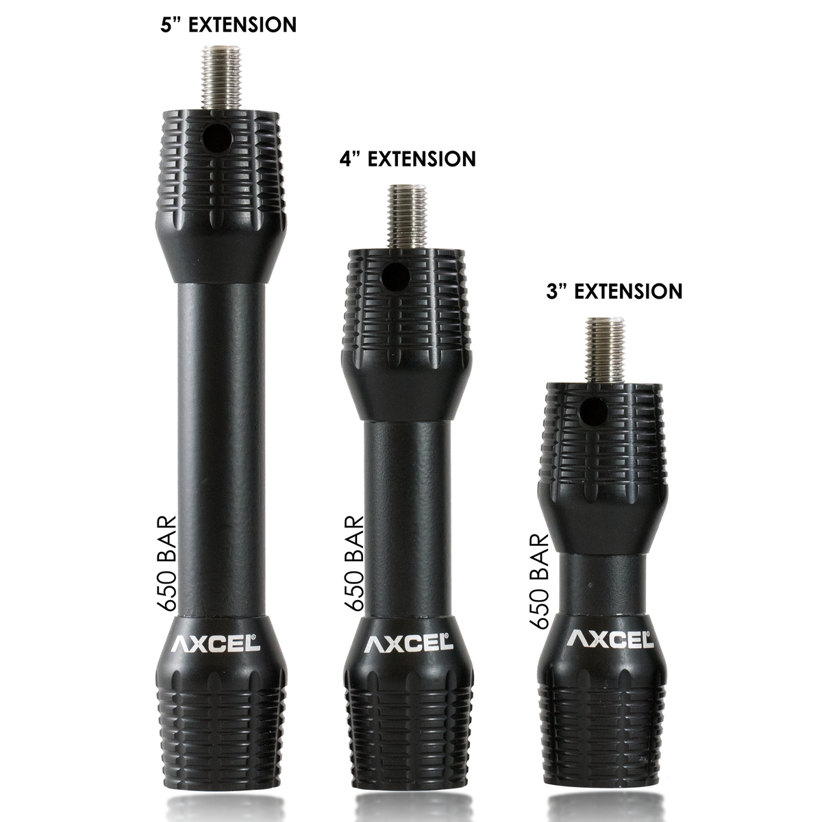 Axcel Aluminum 650 V-Bar Extensions, Black, 3", 4" and 5" lengths shown