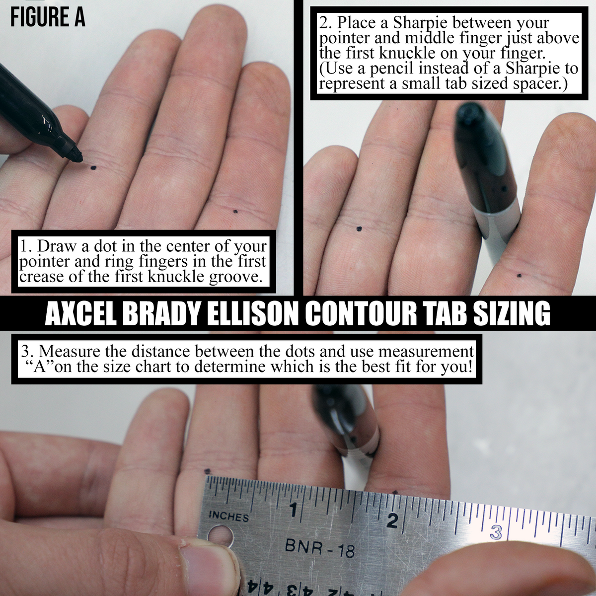 Axcel Contour finger tab sizing measurement steps
