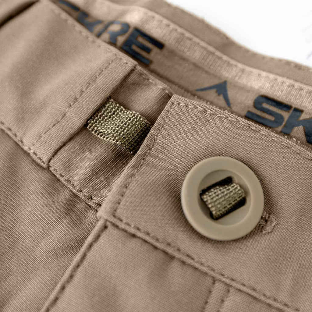 SKRE Venture Flex Pant, waistband and button detail, Ash Brown