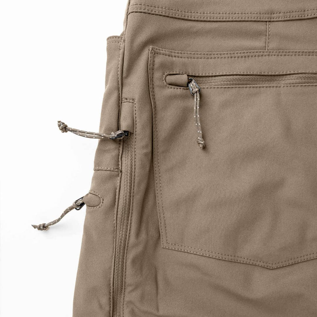 SKRE Venture Flex Pant, zippered side vent detail, Ash Brown