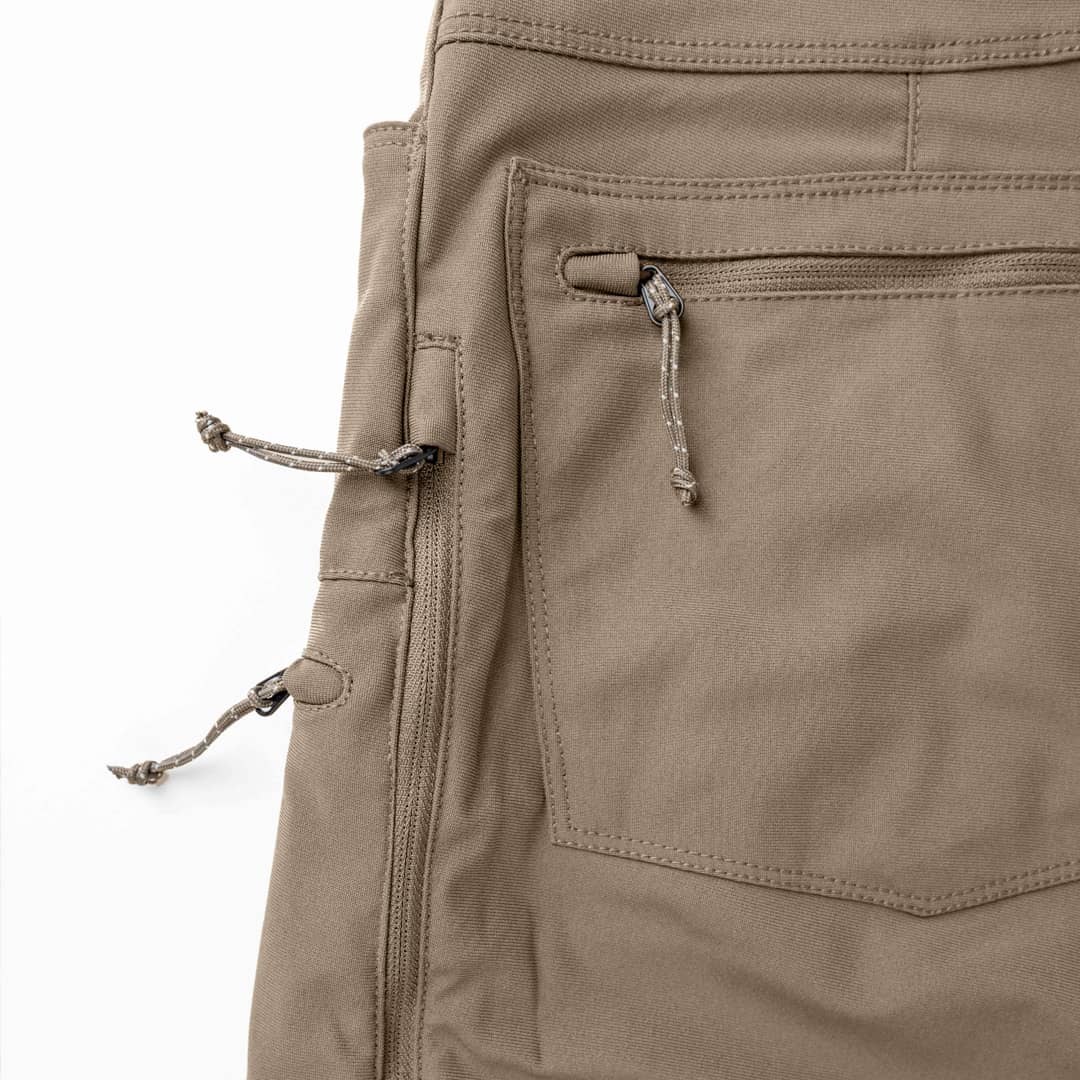 SKRE Venture Flex Pant, zippered side vent detail, Ash Brown