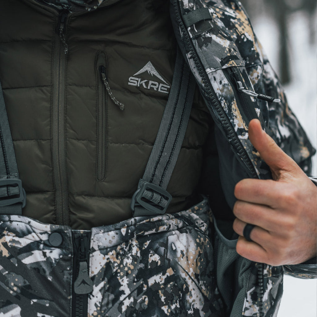 SKRE Guardian Late Season Bibs, Solace, chest pocket detail in the field